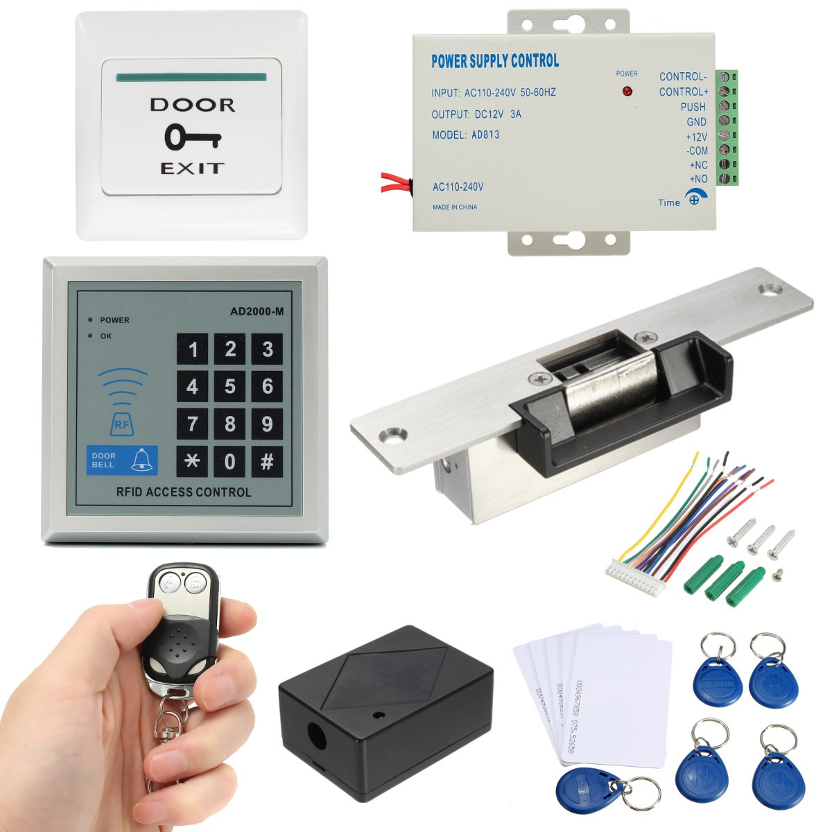 Fingerprint Metal Case Door Access Control System Kit 10 ID Keyfob Strike Lock 