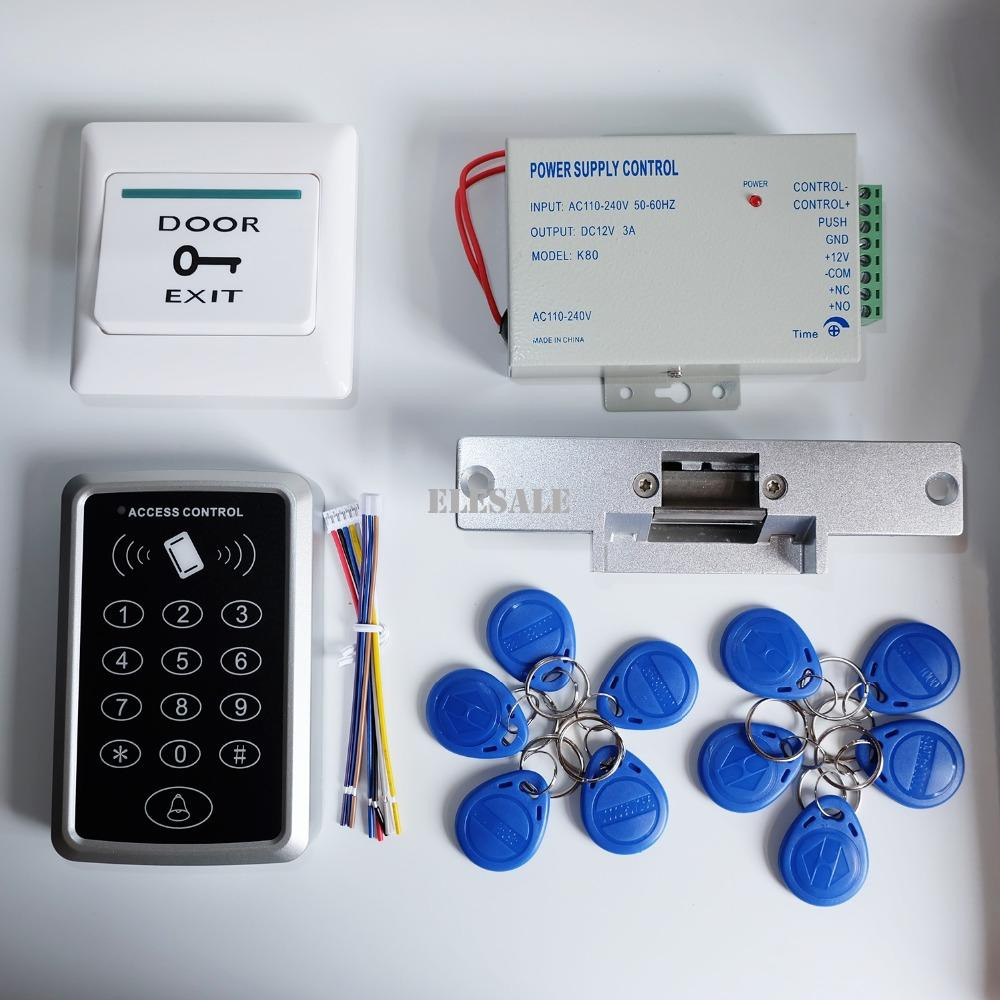Full Rfid Door Access Control System Kit Set Electric Strike Lock 12v Power Supply Proximity Door Entry Keypad 10 Keyfobs