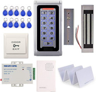Waterproof Metal RFID Keypad Door Entry Systems & 350lbs Electric Magnetic Lock+Power Supply+Push to Exit Button+RFID Keychains/Cards