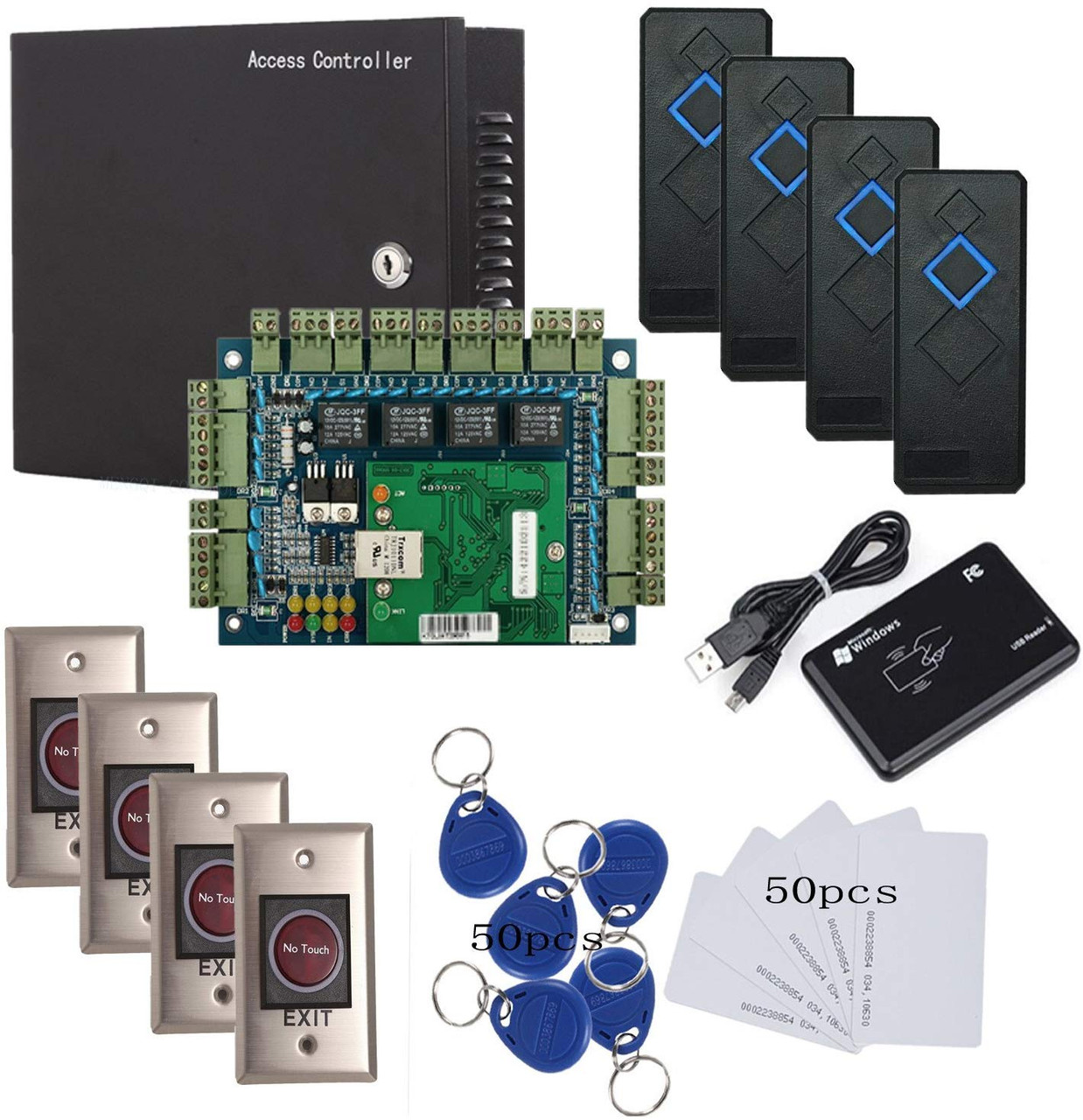 Security Wiegand Tcp Ip Rfid 4 Doors Access Control System Kit Metal Ac110 240v Power Supply Box No Touch Exit Weather Proof Reader