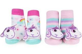 Baby Girl Rattle Socks with Unicorn Rattle on Toe - Set of Two Pairs, by Waddle