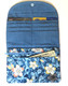 Ladies blue cotton fabric wallet opened view showing card slots, zipper closure and pocket for bills