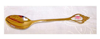 Gold Plated Teaspoon With Oval Porcelain Rose Inlay On Handle - Set of Four