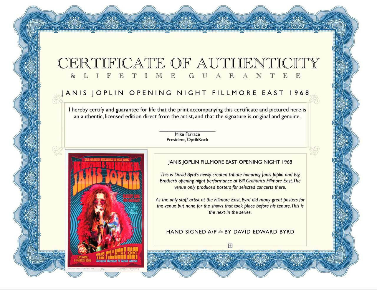Janis Joplin Poster New Original Fillmore East Tribute S/N 100 by