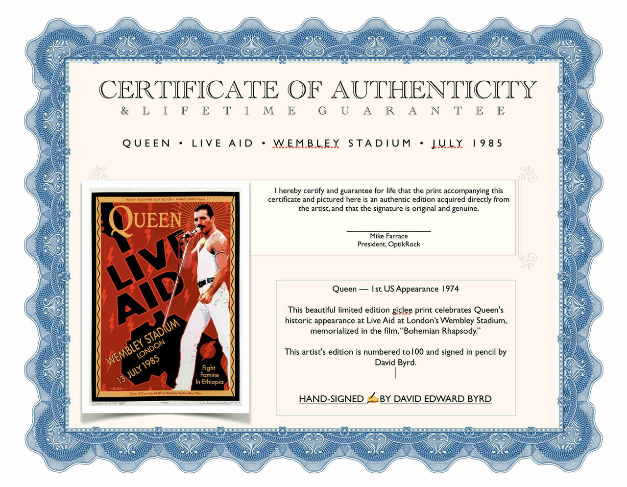 QUEEN Poster Live Aid Wembley 1985 New Tribute HandSigned David Byrd S/N/COA OptikRock