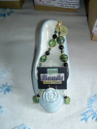 Bracelet and Earring Set Green Glass w/Black Beads by Shannon Greiczek