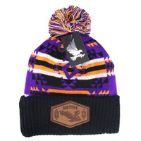 WB386 NATIVE EAGLE , PU PATCH POM BEANIE - PURPLE/BLACK