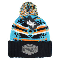 WB386 NATIVE EAGLE , PU PATCH POM BEANIE - TURQUOISE/BLACK