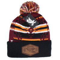 WB386 NATIVE FEATHER , PU PATCH POM BEANIE - BURGUNDY/BLACK