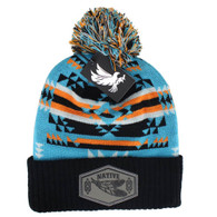 WB386 NATIVE FEATHER , PU PATCH POM BEANIE - TURQUOISE/BLACK