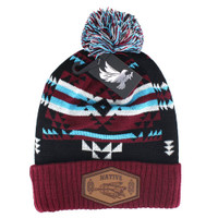 WB386 NATIVE MEDICINE WHEEL , PU PATCH POM BEANIE - BLACK/BURGUNDY