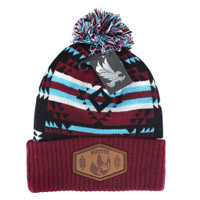 WB386 NATIVE WOLF , PU PATCH POM BEANIE - BLACK/BURGUNDY