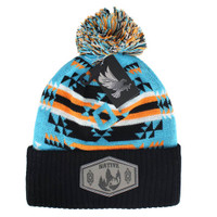 WB386 NATIVE WOLF , PU PATCH POM BEANIE - TURQUOISE/BLACK