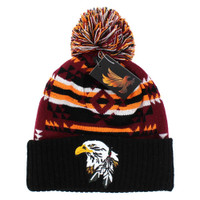 WB387 NATIVE EAGLE , POM BEANIE - BURGUNDY/BLACK