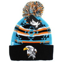 WB387 NATIVE EAGLE , POM BEANIE - TURQUOISE/BLACK