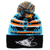 WB387 NATIVE FEATHER , POM BEANIE - TURQUOISE/BLACK