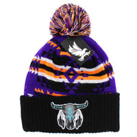 WB387 NATIVE BUFFALO SKULL , POM BEANIE - PURPLE/BLACK