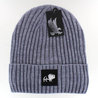 WB700 BUFFALO , SILVER PATCH, FUR LINED BEANIE - HEATHER GREY