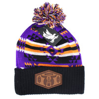 WB386 NATIVE BUFFALO SKULL , PU PATCH POM BEANIE - PURPLE/BLACK