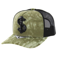 SM697 DOLLAR SIGN , CARBON METAL , TRUCKER - TIE DYE OLIVE