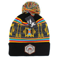 WB033 NATIVE CHIEF HAT , POM BEANIE - BLACK