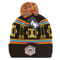 WB033 NATIVE CHIEF HAT , POM BEANIE - BROWN