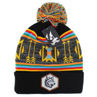 WB033 NATIVE WOLF , POM BEANIE - BLACK