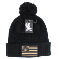 WB042 USA FLAG , POM BEANIE - BLACK