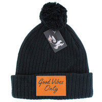 WB042 GOOD VIBES ONLY , POM BEANIE - BLACK