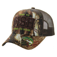 VM181 BORN TO FISH FORCED TO WORK , TRUCKER - HUNTING CAMO/BROWN