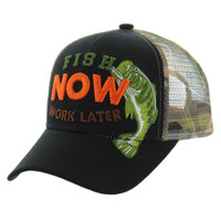 VM195 FISH NOW WORK LATER , TRUCKER - BLACK/HUNTING CAMO
