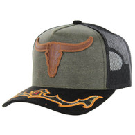 SM170 LONG HORN, OIL LEATHER WITH SUEDE VISOR, TRUCKER,OLIVE/BLACK