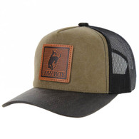 SM264 COWBOY, CANVAS WITH OIL LEATHER VISOR, TRUCKER-OLIVE/BLACK