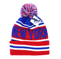 WB071 New York Pom Pom Beanie (Royal & Red)