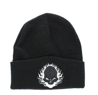 WB040 Flame Skull Long Beanie (Solid Black)