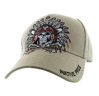 VM263 Native Pride Indian Skull Velcro Cap (Solid Khaki)
