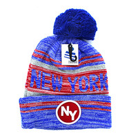 WB074 New York Pom Pom Beanie (Royal & Red)