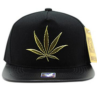 SM763 Marijuana Snapback Cap Hat (Black & Black) - Gold