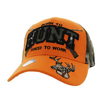 VM181 Born to Hunt Forced to Work Velcro Cap (Orange & Hunting Camo)