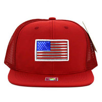SM947 America USA Flag Snapback Mesh Cap (Solid Red)