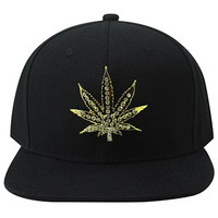 SM057 Marijuana Snapback (Solid Black) - Rhinestone Metal
