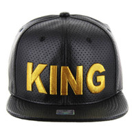 SM022 King PU Snapback Hat (Solid Black) - Gold Stitch