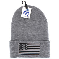 WB020 USA Flag Long Beanie (Solid Heather Grey)