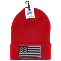 WB020 USA Flag Long Beanie (Solid Red) - Grey Stitch