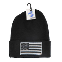 WB020 USA Flag Long Beanie (Solid Black) - Grey Stitch