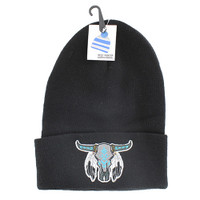 WB020 Buffalo Skull Long Beanie (Solid Black)