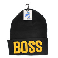 WB020 Boss Long Beanie (Solid Black) - Gold Stitch