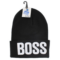 WB020 Boss Long Beanie (Solid Black) - White Stitch