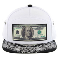 SM7082 7 Panel Dollar Bill Snapback Hat (White & Black)