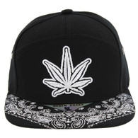 SM7082 7 Panel Marijuana Snapback Hat (Black , White Logo)
